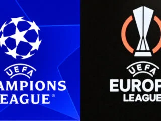 Logos of UEFA Champions League and Europa League soccer league.