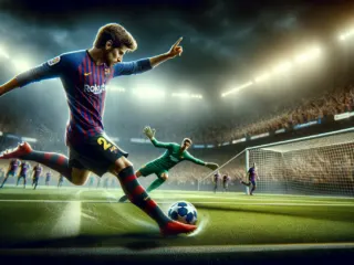 A Barcelona soccer player is exhibiting Comeback Mastery as they kick a ball in a thrilling victory within the stadium.