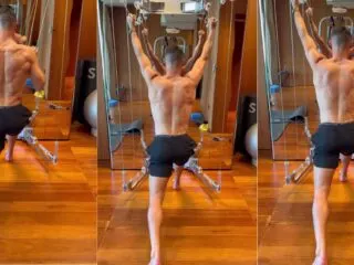 Four pictures of a man doing exercises in a gym mirror.