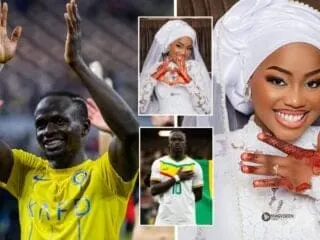 Two pictures of a bride who marries a soccer player, Sadio Mane.