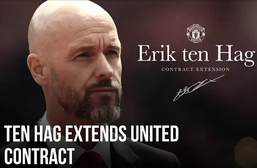 Erik ten Hag in front of a dark background with "Erik ten Hag Contract Extension" text, alongside "TEN HAG EXTENDS UNITED CONTRACT" headline, highlighting his key role like an Auto Draft pick for Manchester United.