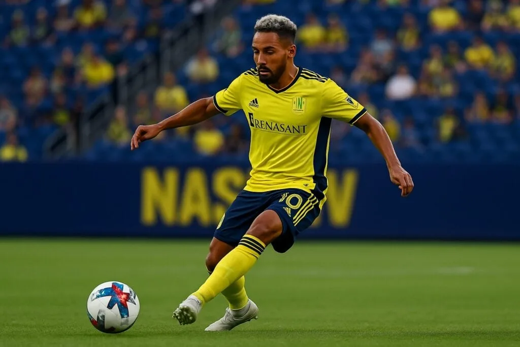 A soccer player in a yellow uniform prepares to kick a ball during a match on a grass field, with spectators in the blurred background, where players aspire to earn the MLS average salary.