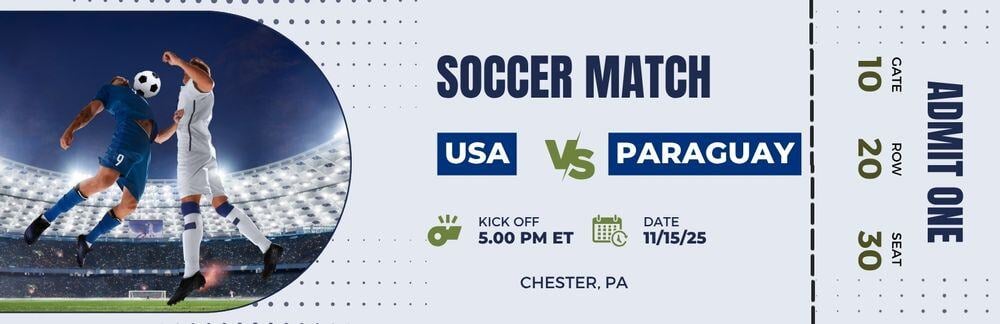 Two soccer players jump to head the ball in a stadium. Text highlights a USA vs Paraguay match scheduled for 11/15/25 in Chester, PA, with kickoff at 5:00 PM ET.