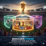 A graphic displays the World Cup 2026 qualifying teams, grouped by their chances—guaranteed, close, or uncertain—set in a soccer stadium with the World Cup trophy at the center.