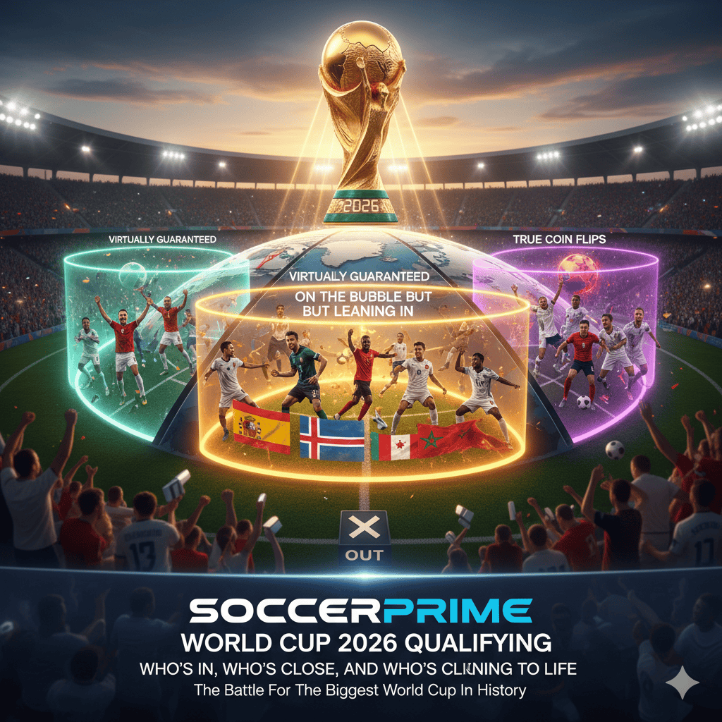 A graphic displays the World Cup 2026 qualifying teams, grouped by their chances—guaranteed, close, or uncertain—set in a soccer stadium with the World Cup trophy at the center.